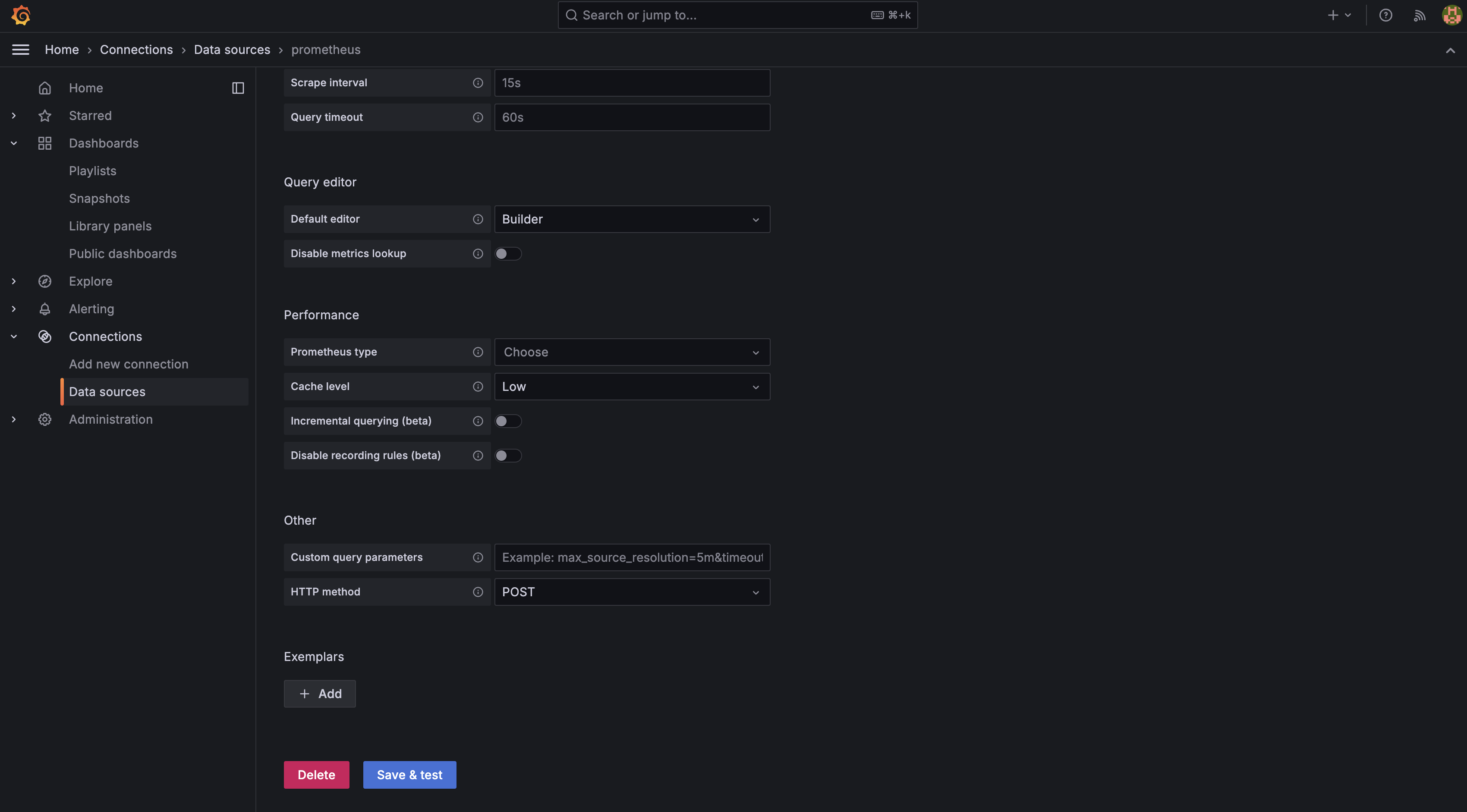 Grafana data source Save & Test
