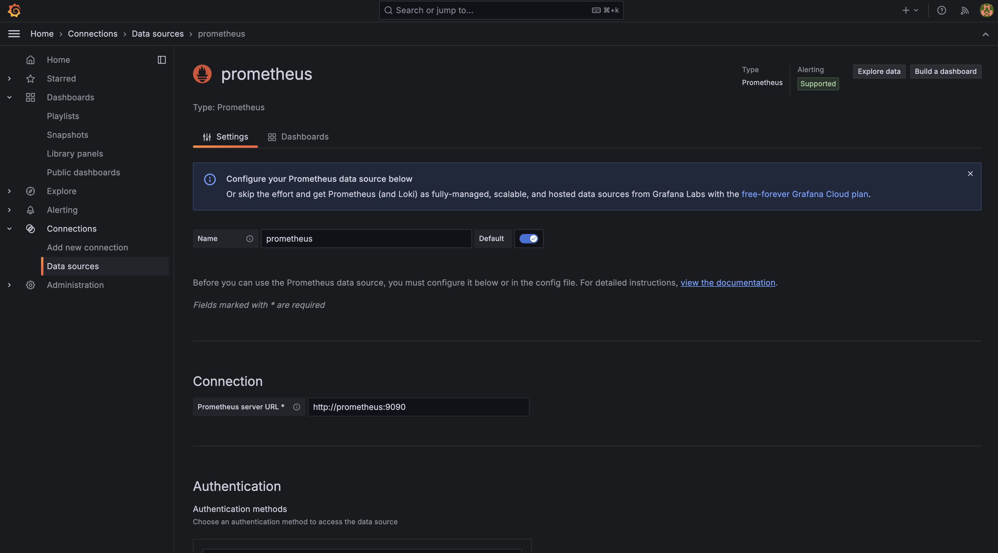 Grafana data source settings Adding a Grafana data source