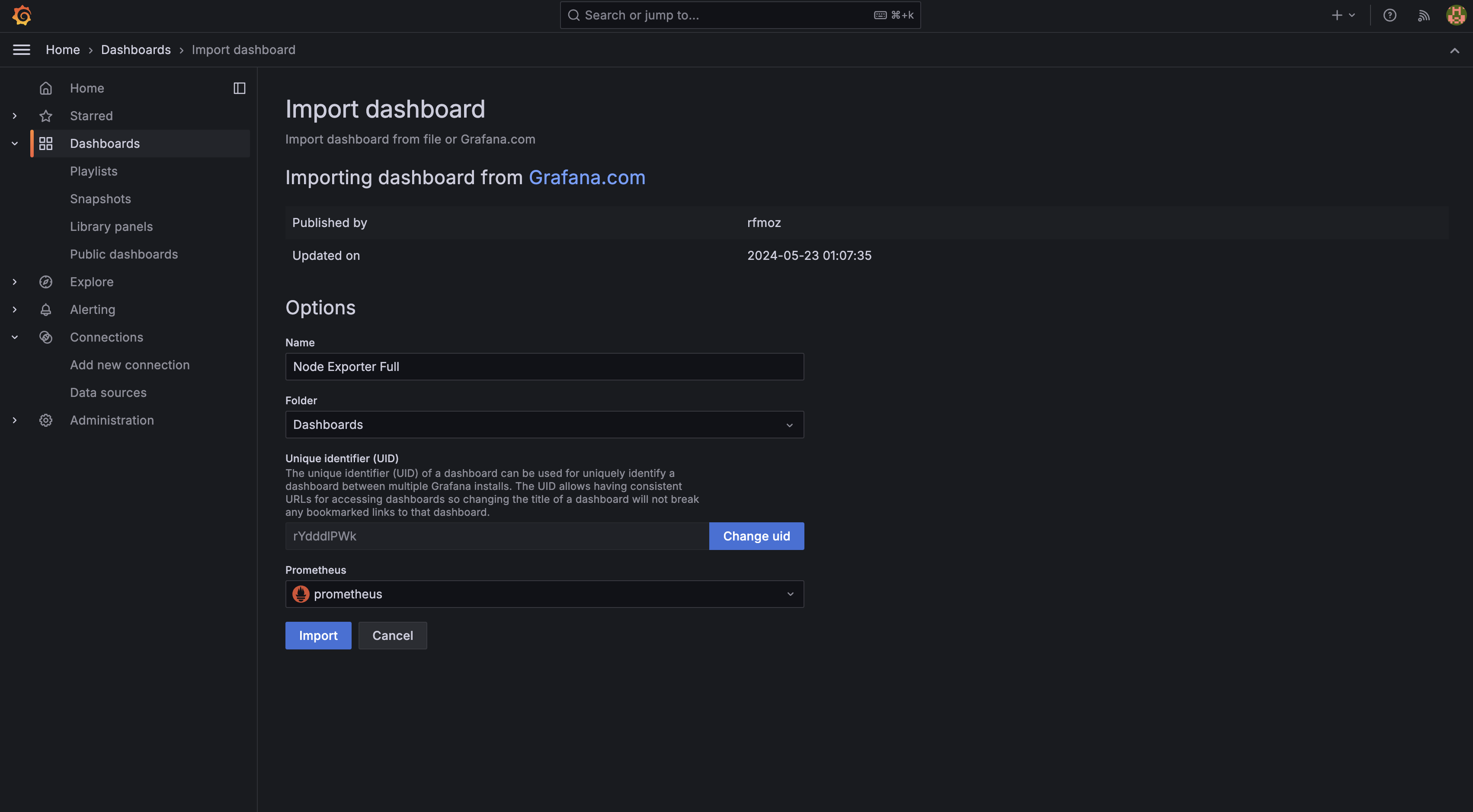 Dashboard import
