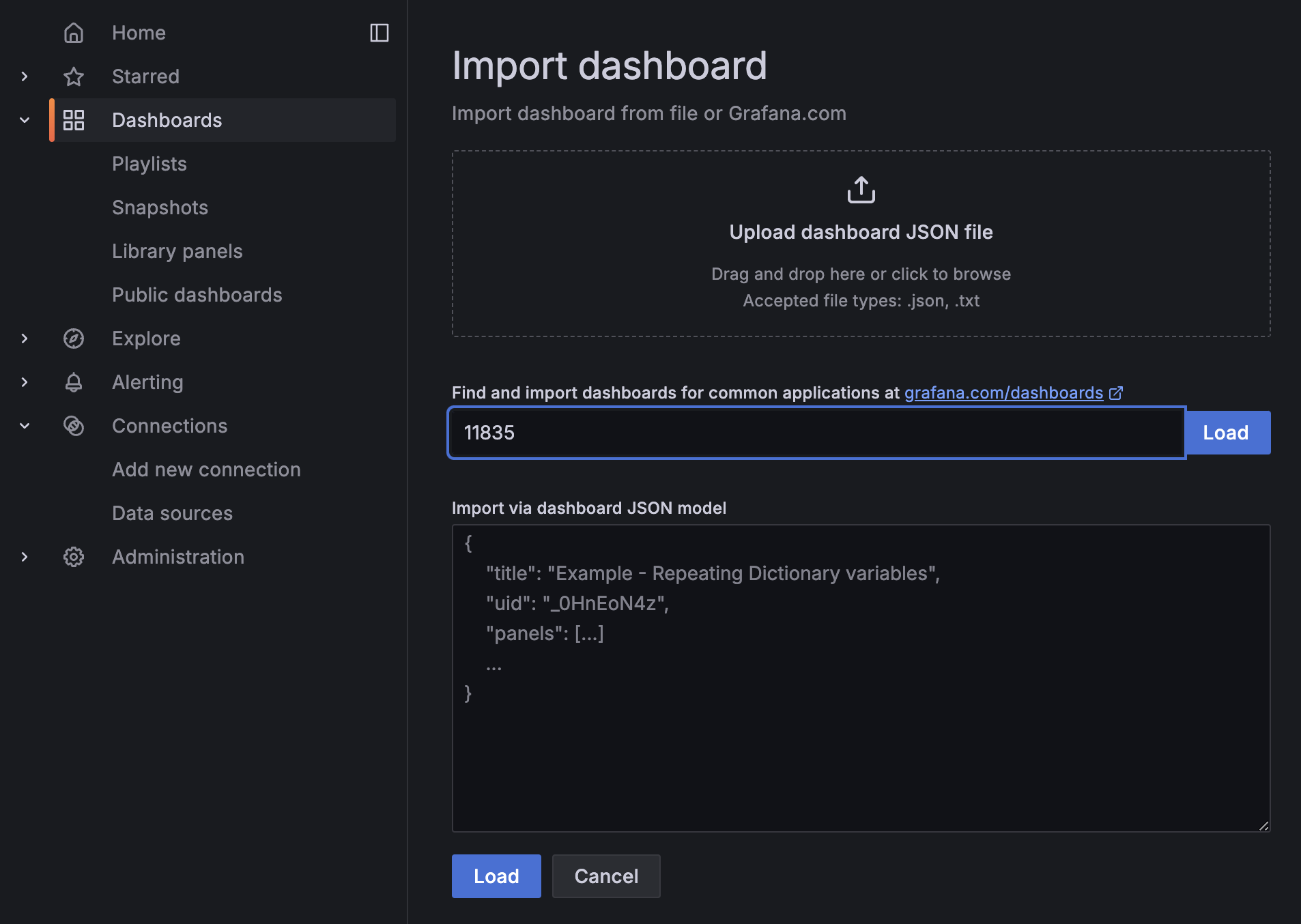 Redis dashboard import
